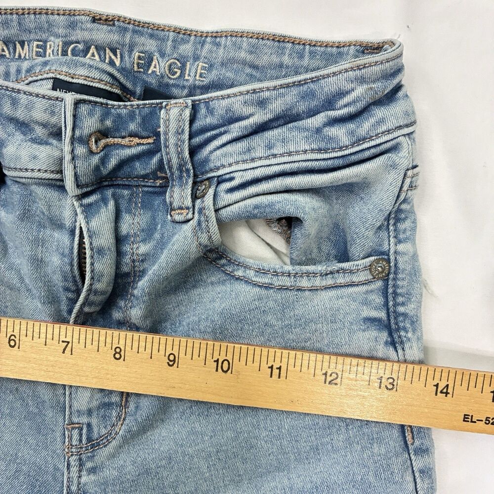 American Eagle Blue Jeans Super High Rise Flare Stretch Sz 2 Short Hippie Grunge - Picture 8 of 12